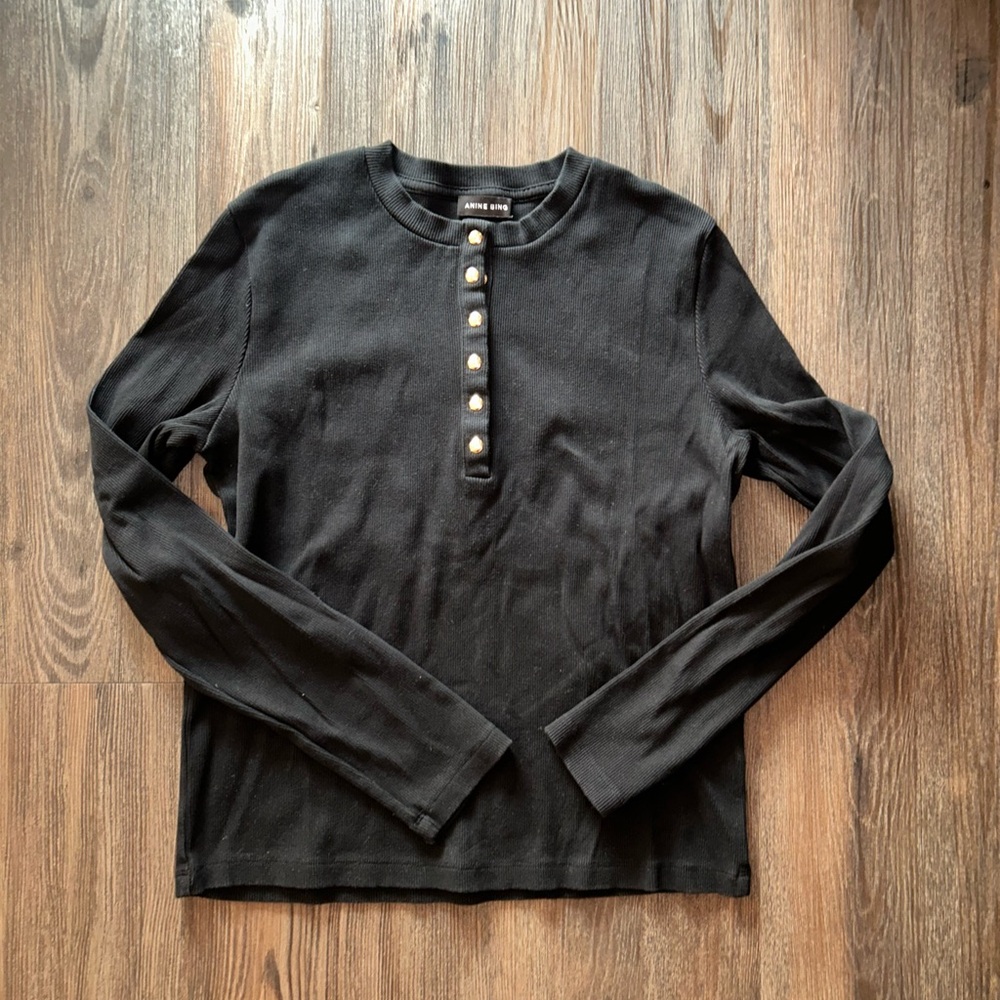 ANINE BING WOMENS LONG SLEEVE BLACK ALESSIA TOP GOLD BUTTONS SIZE MEDIUM